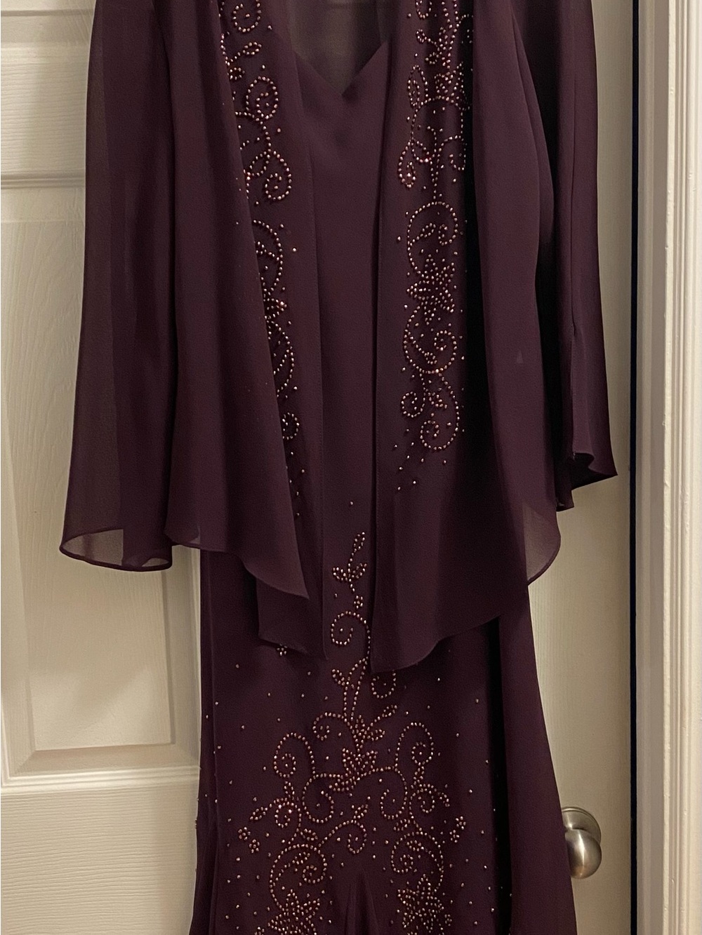 R&M Richards Plum Long Sleeve Embellished Evening Dress
